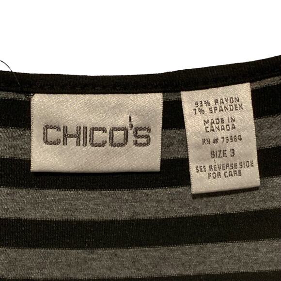 CHICO'S Top Size 3 Long Sleeves Stretchy Striped Black Gray Women's US Sz L / 16 - Picture 2 of 8